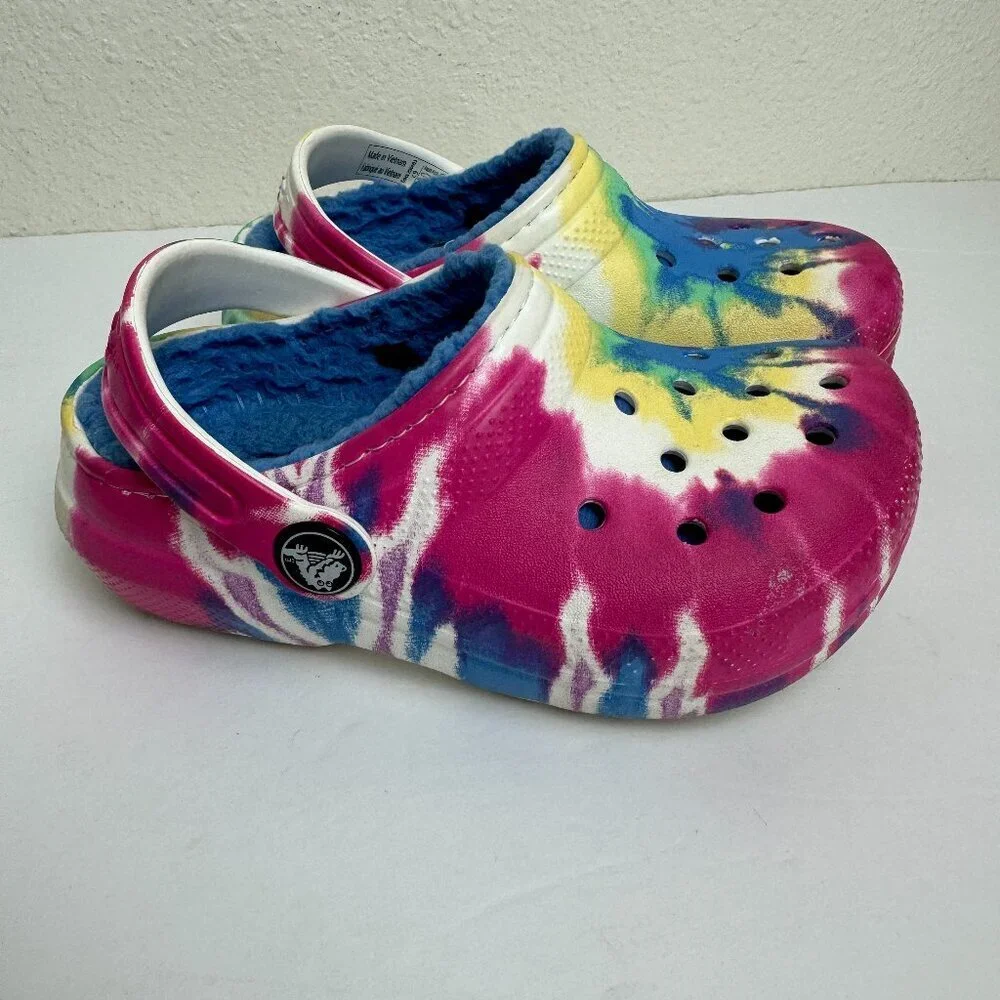 CROCS Kids Tye Dye Colorful faux fur Pink Blue Yellow size 9